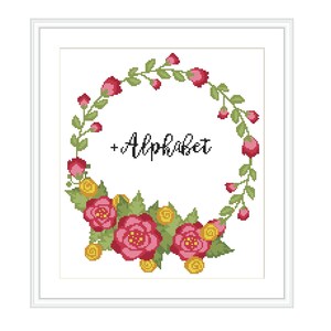 Floral Wreath Cross Stitch Pattern +Alphabet, Floral Embroidery, Flower Circle, Modern Cross Stitch, PDF Instant Download, Cross Stitch Font