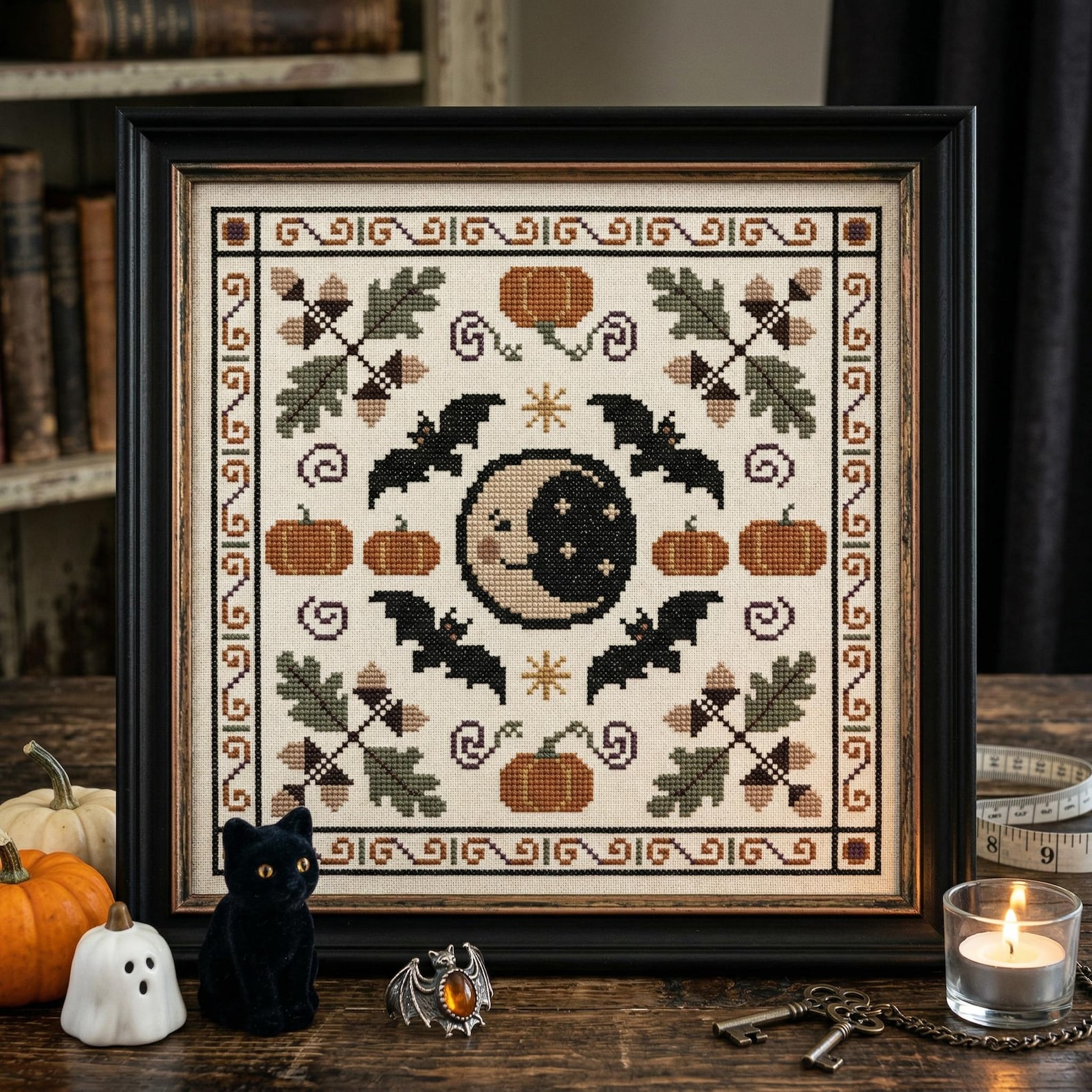 Halloween Cross Stitch Pattern PDF, Pumpkin Bat Sampler, Gothic Folk ...