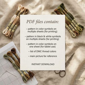 Pu&ograve; includere: Un assortimento di fili da ricamo in varie tonalit&agrave; di beige, marrone e verde, disposti attorno a una scheda bianca con testo. La scheda elenca il contenuto dei file PDF, inclusi modelli e elenchi di colori dei fili. Sono presenti anche forbici e carta quadrettata. Le parole "INSTANT DOWNLOAD" sono visibili.