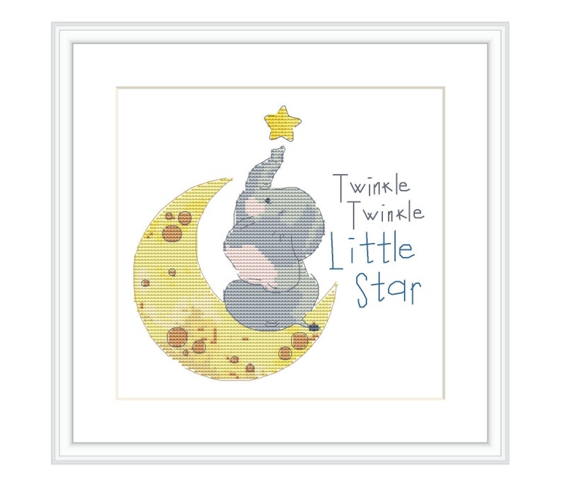 May include: A grey elephant sitting on a yellow crescent moon with a yellow star above it. The text "Twinkle Twinkle Little Star" is written in blue below the moon.