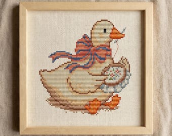 Gans met strik kruissteekpatroon, Silly Goose vintage patroon, cadeau voor Stitcher, Cottagecore Farmhouse Decor
