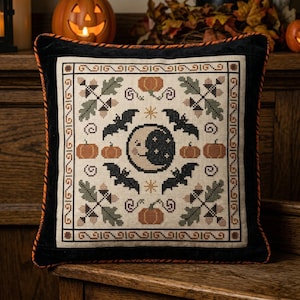 Patrón de punto de cruz de Halloween en PDF, muestrario de calabaza y murciélago, punto de cruz gótico folclórico, decoración campestre otoñal, patrón primitivo de Halloween