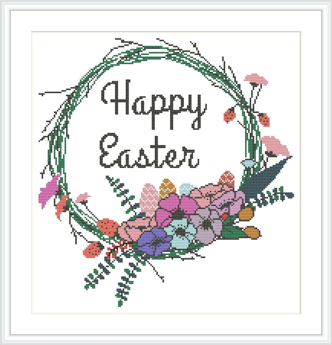 Easter Cross Stitch Pattern Floral Wreath Modern Easy Flower Frame ...