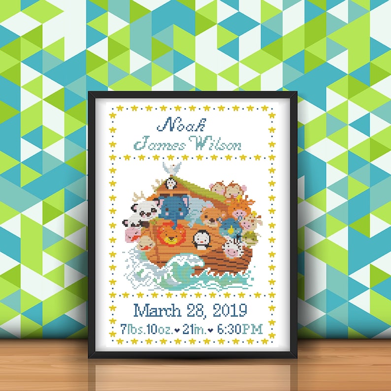 Birth Announcement Cross Stitch Pattern Noah's Ark Baby Etsy
