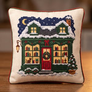 May include: A square throw cushion featuring a cross-stitch design of a green storefront with a red door, snow-covered roof, and a night sky with a crescent moon. The shop windows display books and a cat, with a small decorated tree outside.