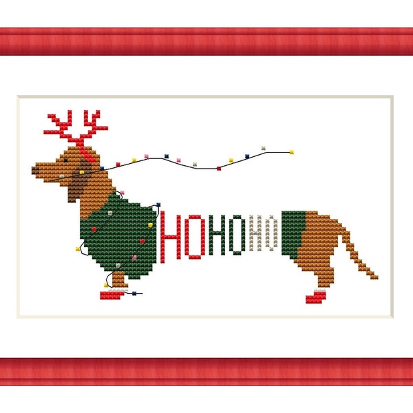 Ho ho ho Cross Stitch Pattern, Christmas Cross Stitch, Dachshund Pattern, Funny Cross Stitch, Modern Cross Stitch, Download PDF, Animal Deer