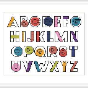 Padrão de ponto cruz de alfabeto colorido, ponto cruz de fonte PDF, fonte de tipografia, letras engraçadas Xstitch, alfabeto moderno, fonte simples e fácil