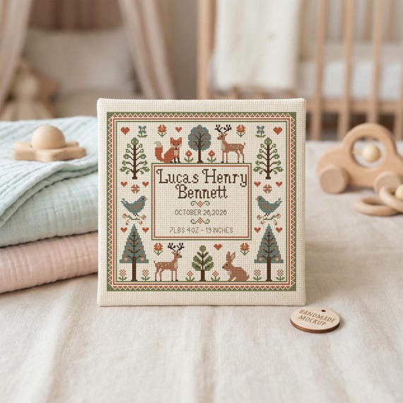 Woodland Animals Birth Announcement Cross Stitch Pattern PDF, Personalized Baby Sampler, Folk Nursery Chart