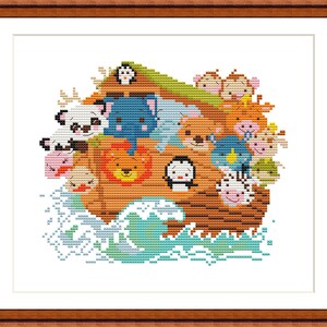 May include: A colorful cross-stitch pattern of Noah's Ark with various animals on board, including a lion, zebra, penguin, and monkeys. The ark is floating on blue and green waves.