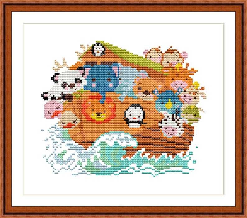 May include: A colorful cross-stitch pattern of Noah's Ark with various animals on board, including a lion, zebra, penguin, and monkeys. The ark is floating on blue and green waves.