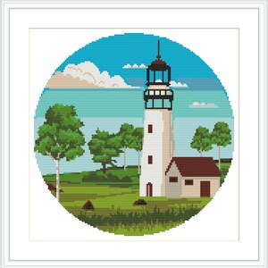 May include: A white lighthouse with a brown roof and a small white house beside it. The lighthouse is surrounded by green trees and grass. The scene is set against a blue sky with white clouds and a blue body of water.