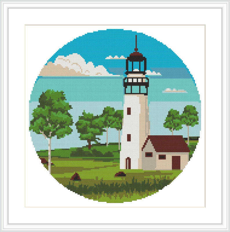 May include: A white lighthouse with a brown roof and a small white house beside it. The lighthouse is surrounded by green trees and grass. The scene is set against a blue sky with white clouds and a blue body of water.