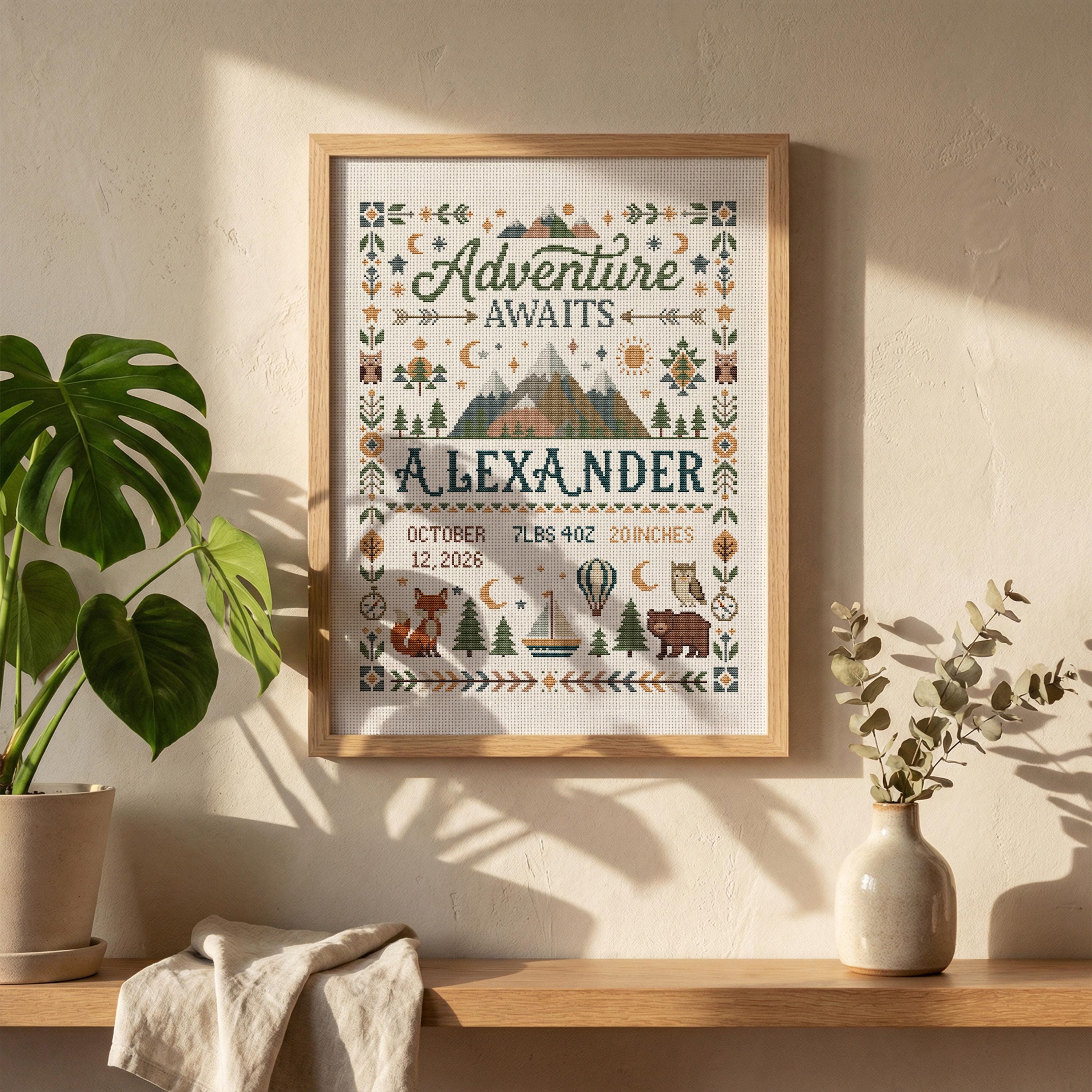Adventure Awaits Birth Announcement Cross Stitch Pattern, Personalized ...