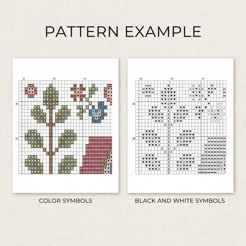 May include: Two cross-stitch pattern examples are shown. One uses colour symbols, featuring a tree and flowers in green, brown, red, and blue. The other uses black and white symbols, with heart and geometric shapes. The text "PATTERN EXAMPLE" is at the top.