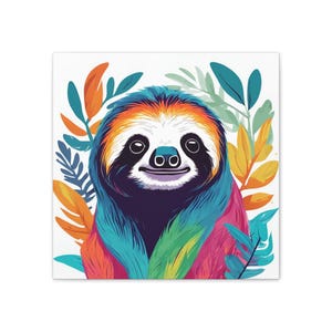 Vibrant Colorful Sloth Canvas Art, Colorful Animal Wall Decor, Eco-Friendly Home Accent, Gift for Nature Lovers, Boho Wall Art