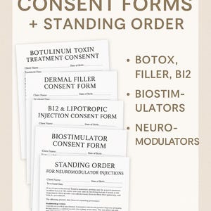 May include: A beige-toned image displays a stack of consent forms for various medical procedures, including Botox, fillers, and neuro-modulators. The forms are labeled with titles like "Botulinum Toxin Treatment Consent" and "Standing Order." Text at the bottom reads "5 TEMPLATES PDF DOWNLOAD."