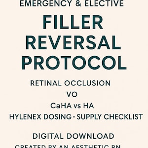 May include: A digital download with text in dark teal on a cream background. The text reads "EMERGENCY & ELECTIVE FILLER REVERSAL PROTOCOL" and includes information on retinal occlusion, CaHA vs HA, Hylenex dosing, and a supply checklist.