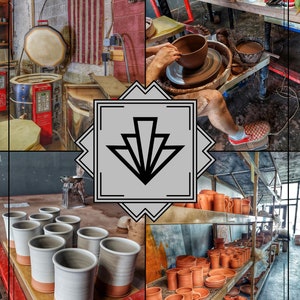 May include: A pottery studio with a variety of ceramic pieces in different stages of completion. There are mugs, bowls, and plates on shelves, as well as a pottery wheel with a person working on a clay bowl. The studio also has a kiln and other tools for pottery making.