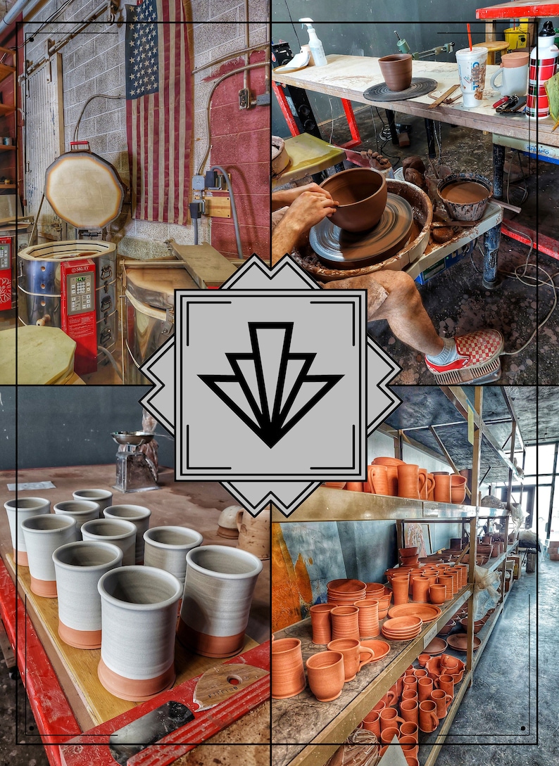 May include: A pottery studio with a variety of pottery pieces in different stages of completion. There are mugs, bowls, and plates on shelves, as well as a pottery wheel with a person working on a bowl. There is also a kiln in the background.