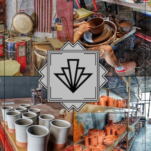 May include: A pottery studio featuring a range of ceramic pieces at various stages of completion. Mugs, bowls and plates are displayed on shelves, alongside a pottery wheel with someone working on a clay bowl. The studio also has a kiln and other equipment for pottery making.