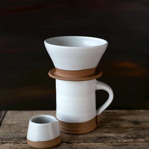 Handmade thrown mug with rustic styling. Each piece is handmade and unique made in America. White glaze and brown clay.