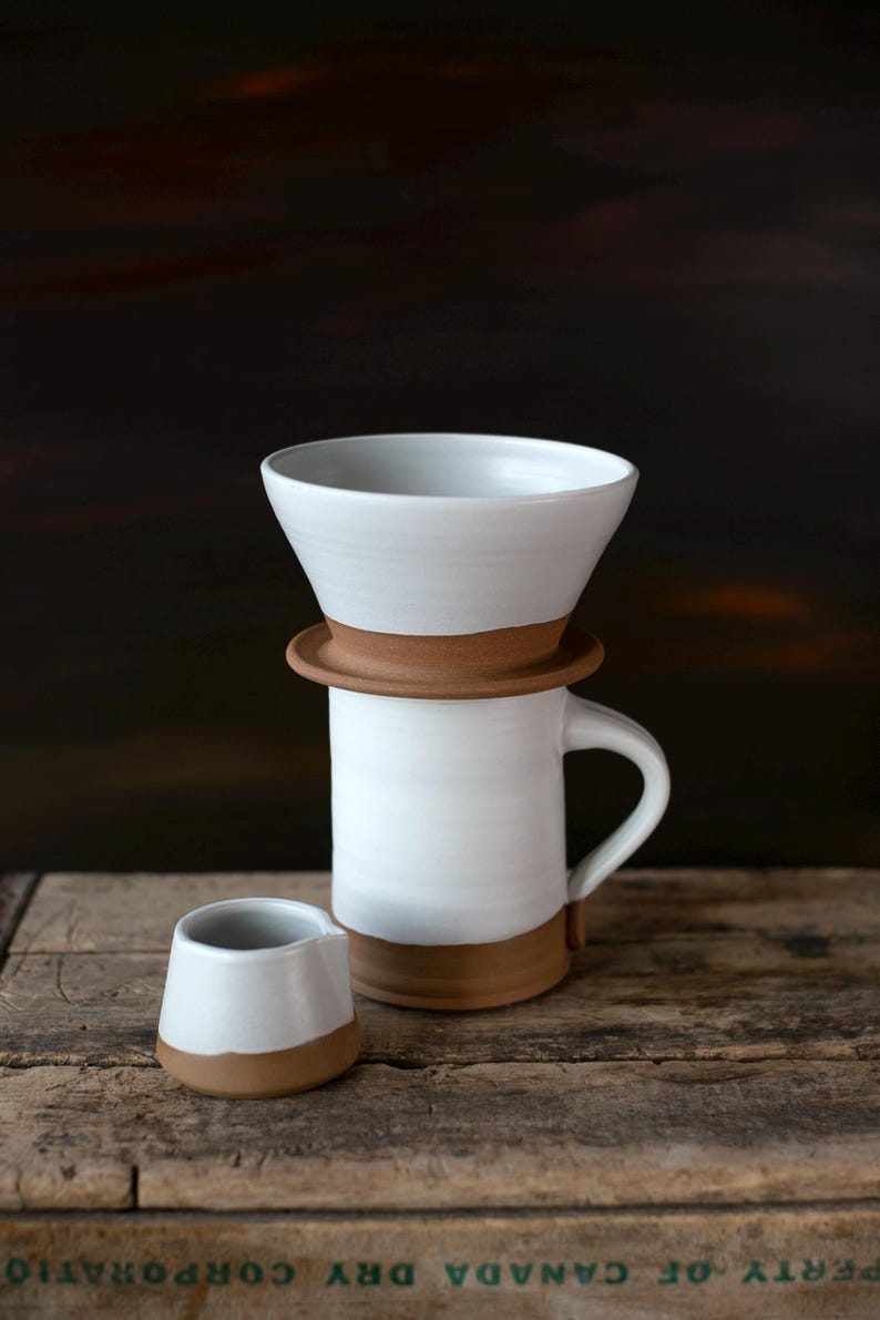 Handmade thrown mug with rustic styling. Each piece is handmade and unique made in America. White glaze and brown clay.