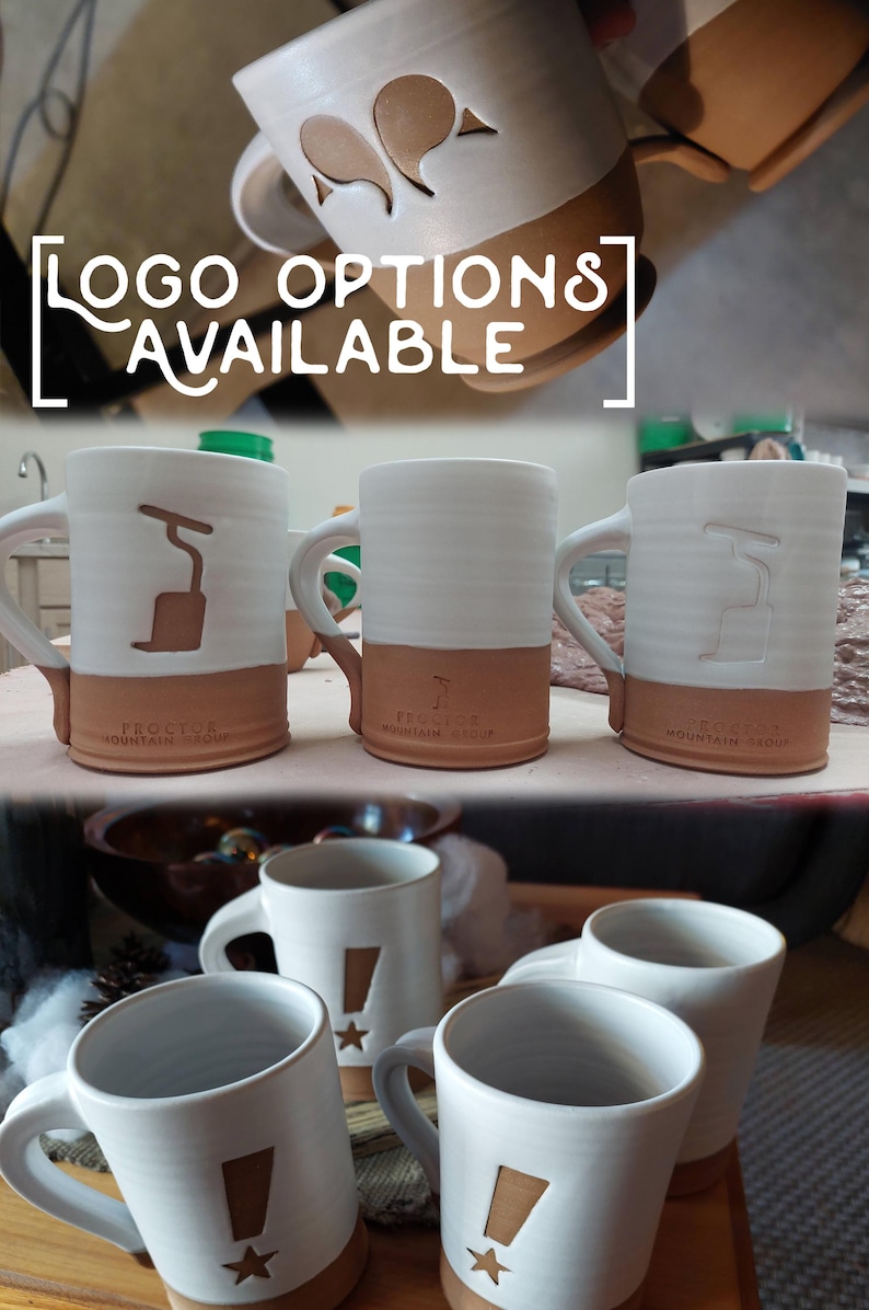 May include: A collection of ceramic mugs featuring various logo options. The mugs are white with a brown band around the base. The logos include a pair of speech bubbles, a stylised letter "F", and an exclamation mark with a star.