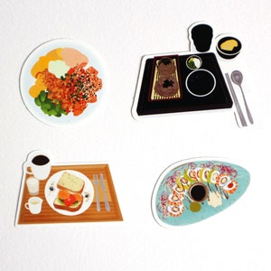 Zestaw 4 naklejek winylowych Asian Brunch | Błyszczące | Wycinane | Odporne na warunki atmosferyczne | Trwałe | Naklejka na laptopa | Butelka na wodę | Łosoś | Ryż | Makaron | Słodkie
