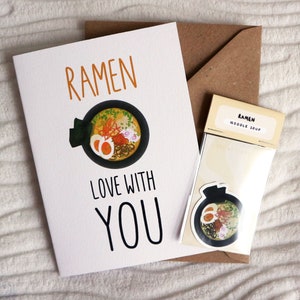 Ramen Love With You Biglietto d'auguri e set di adesivi / Fatto a mano / Food Pun / Giapponese / Noodle / 250gms / Estetica / Carino / Decalcomania laptop