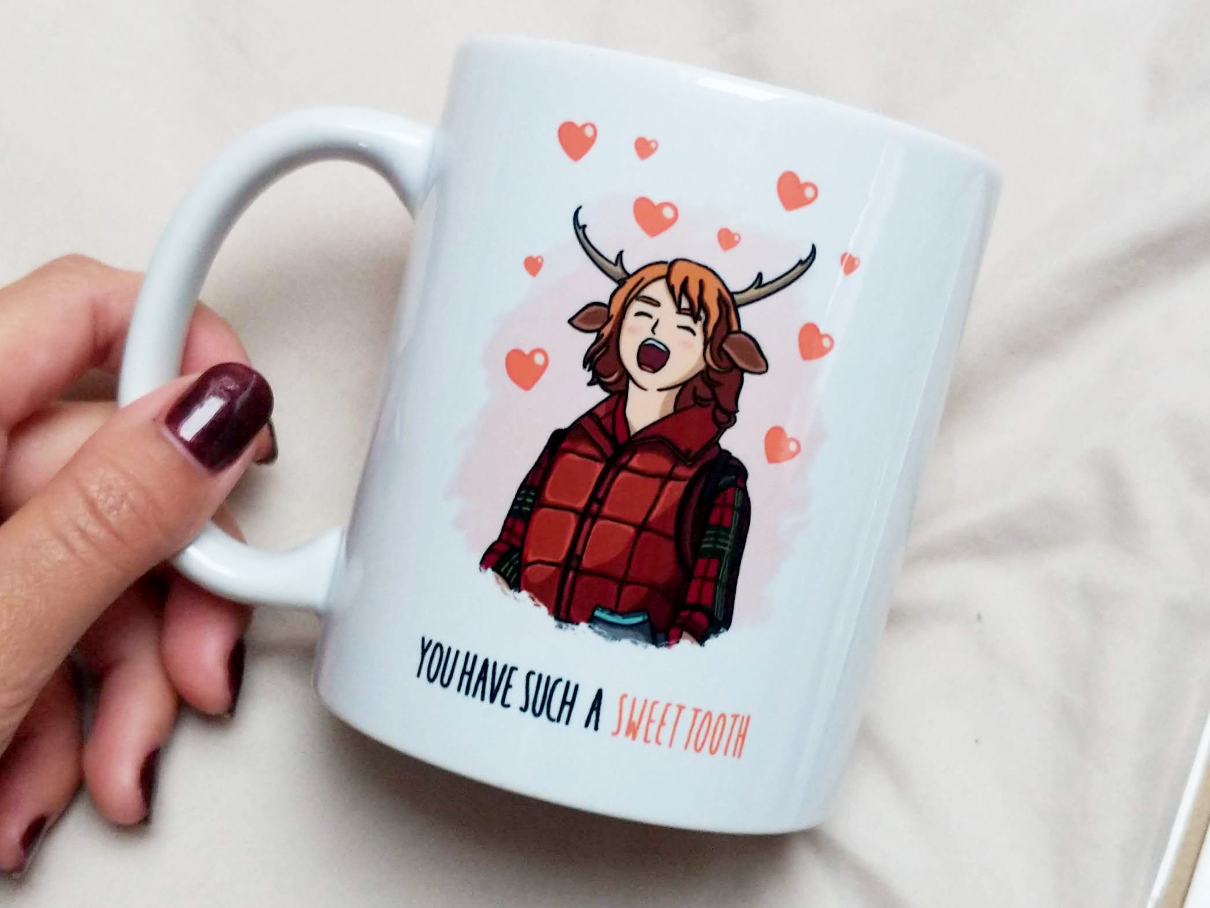 Sweet Tooth Netflix Gift Mug | TV | Series | Anime | Cute | Heart Love | Deer | Gus | Pink | Art | Antlers | Ceramic | Tea Coffee | Hybrid