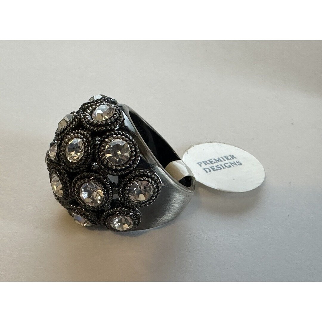NEW Premier Designs Heavy Ring Pewter Silver Domed W Clear Stones PD ...