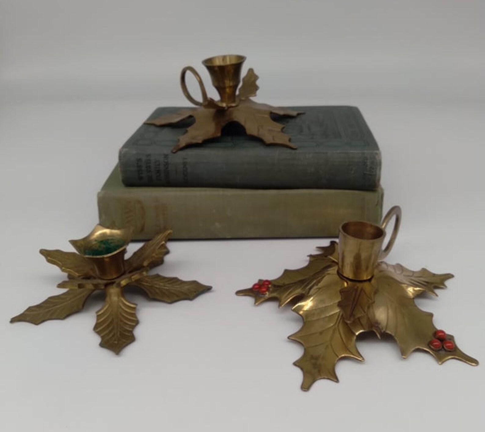Set of 3 Different Vintage Brass Holly Candle Holders Etsy