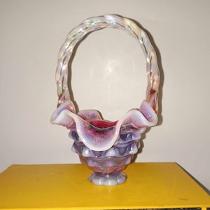 Rare Fenton opalescent basket, pink, purple, glass, art, decor, accent, with sticker, art glass