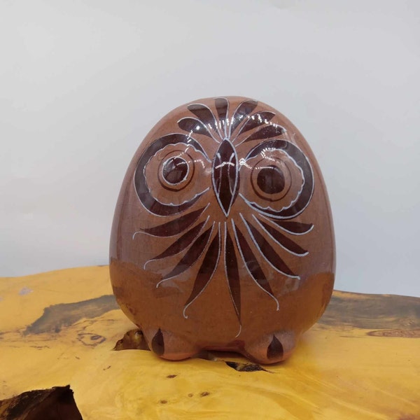 Mexico pottery owl, brown, terracotta, flowers, decor, accent, art, boho, MCM, mid century, figurine