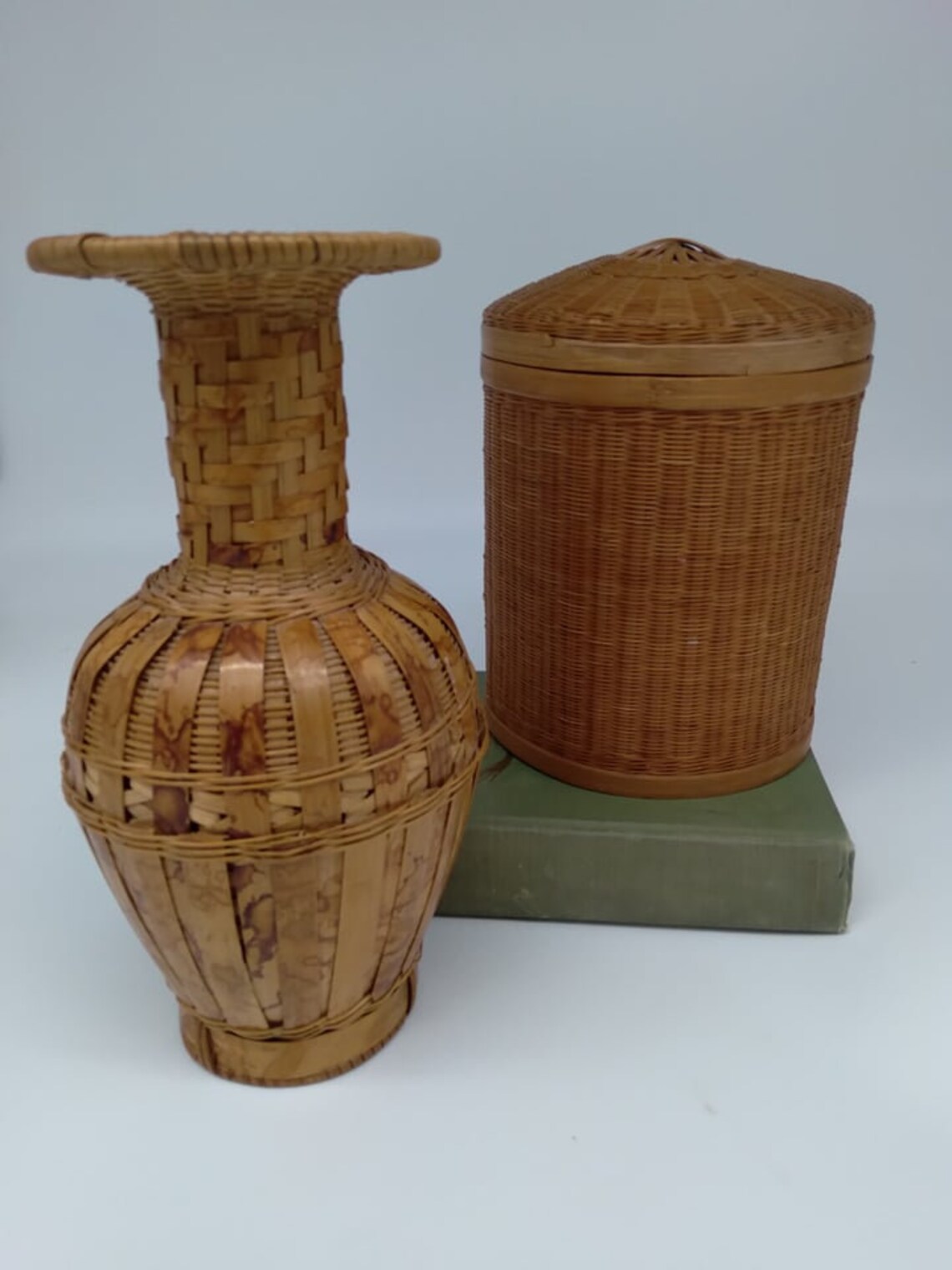 Woven vase and storage with lid basket rattan warm brown Etsy