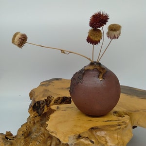 Handmade bulb pottery vase, artist signed, textured, round, display, holder, decor, accent, brown, earth tones, boho, bohemian