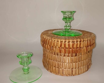 Uranium glass candle holders, set of 2, pair, Fostoria?, vaseline, blacklight, glowing, green, decor, accent