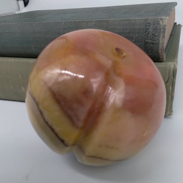 Carved onyx peach, fruit, Mexico, art, decor, accent, marble, multicolor, wooden "stem", stone, shelf, paperweight