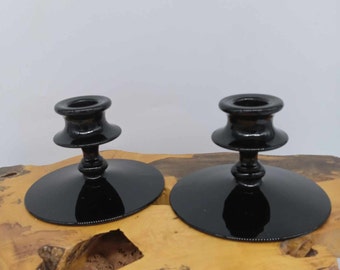 Black glass candle holders, goth, gothic, MCM, mid century, decor, accent, candle sticks, dining, pair, set, 2