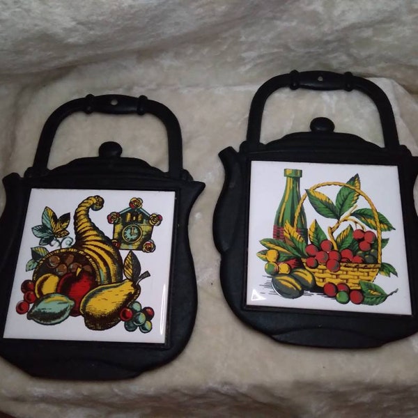 Pair of iron trivets made in Japan,  teapot shape, tile  fruit, cornucopia, wine, basket, clock, vintage decor green, red, yellow, black