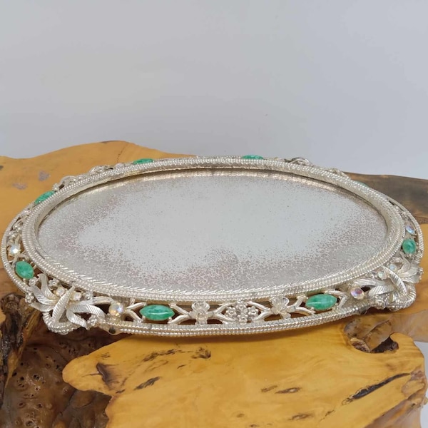 Mirrored vanity tray, jeweled, perfume, antiqued mirror, green stones, rhinestones, oval shape, decor, accent