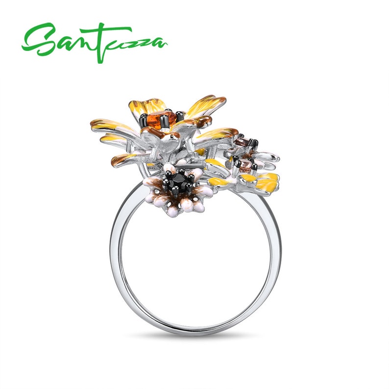 SANTUZZA Handmade Yellow chrysanthemum Enamel Flower Ring 925 Sterling Silver with Charming Cubic Zircon Fashion Jewelry R313416ENASK925