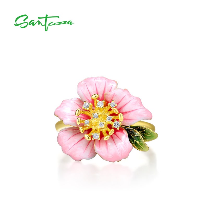 SANTUZZA Handmade Pink Enamel Flower Ring 925 Sterling Silver Gold Plated with Charming Cubic Zircon Fashion Jewelry R315795ENASY925