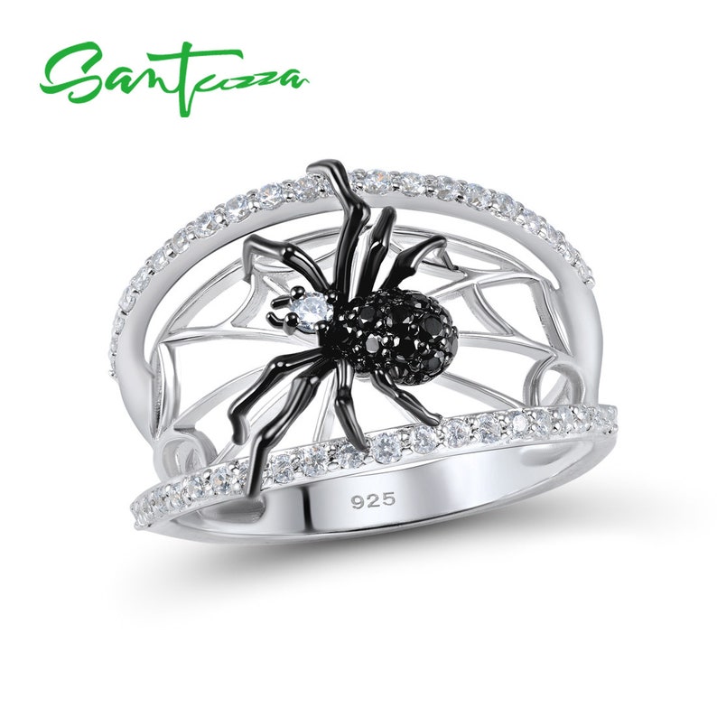 SANTUZZA Handmade Black Spider Ring 925 Sterling Silver with Charming Cubic Zircon Fashion Jewelry