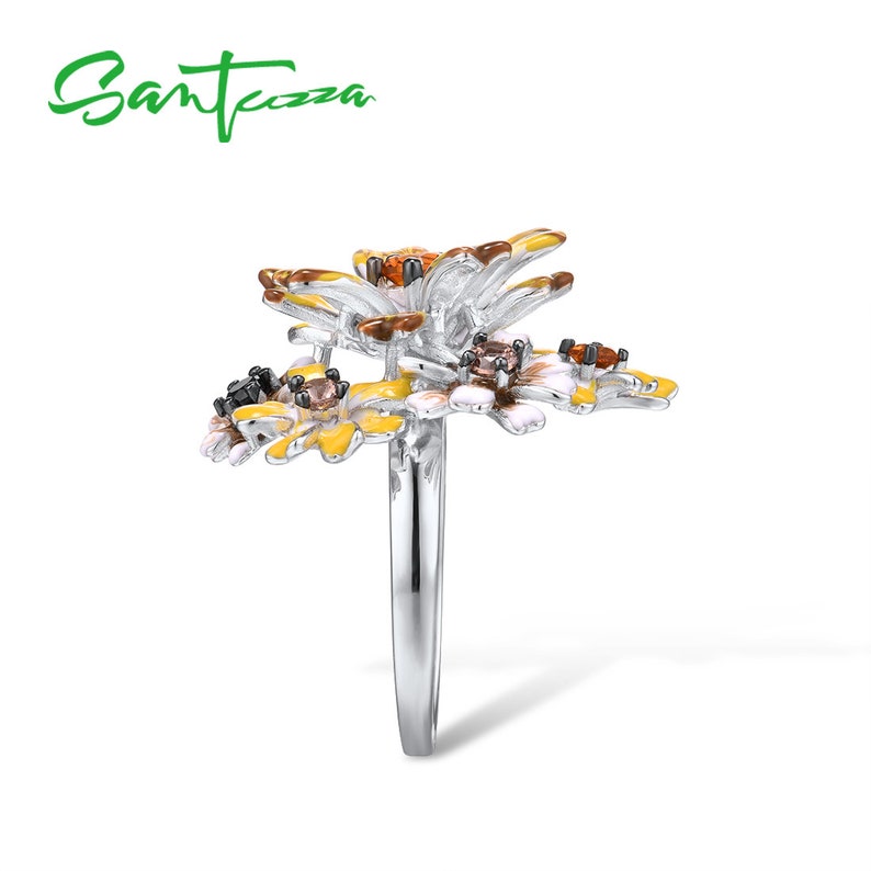 SANTUZZA Handmade Yellow chrysanthemum Enamel Flower Ring 925 Sterling Silver with Charming Cubic Zircon Fashion Jewelry R313416ENASK925