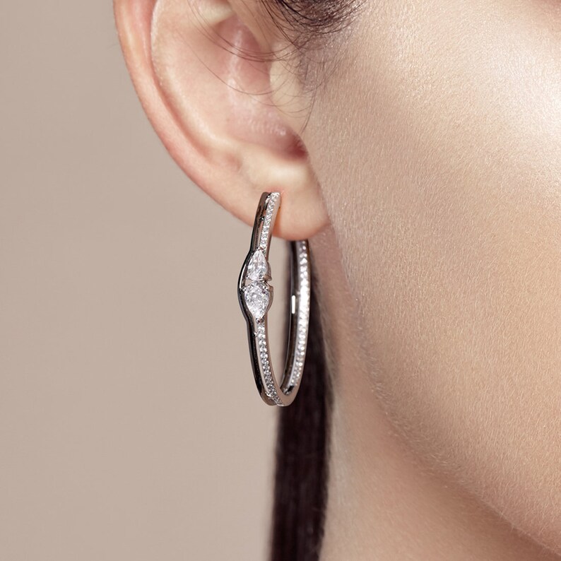 SANTUZZA Handmade Black and white Hoop Earring Sterling Silver w Black White Plating Earrings White Cubic Zirconia E316063WCZSK925