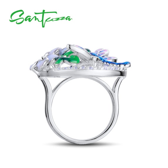 Santuzza 925 Sterling Silver Handmade Enamel Colorful Stackable Ring White Cubic Zirconia Eternity Rings for Women Girls