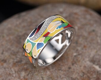 Stylish Genuine Sterling Silver Ring Solid 925 Flower With Enamel Handmade