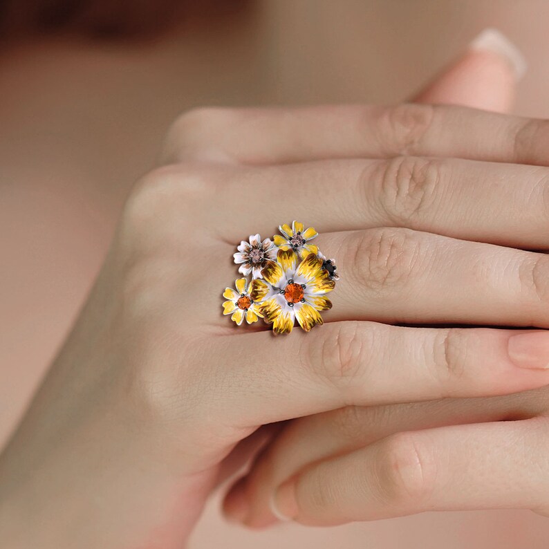 SANTUZZA Handmade Yellow chrysanthemum Enamel Flower Ring 925 Sterling Silver with Charming Cubic Zircon Fashion Jewelry R313416ENASK925