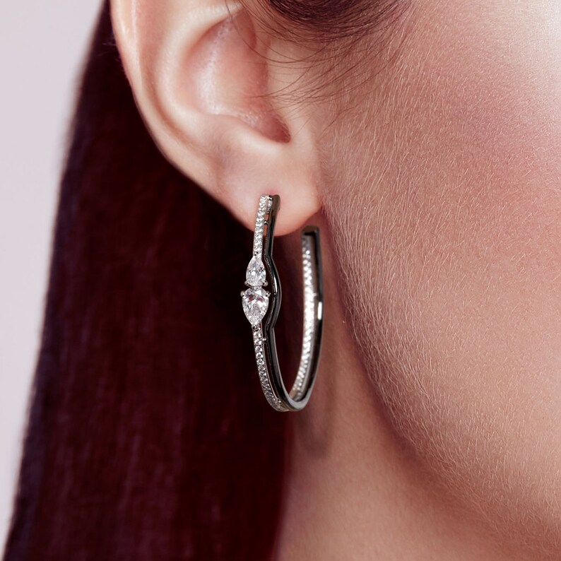 SANTUZZA Handmade Black and white Hoop Earring Sterling Silver w Black White Plating Earrings White Cubic Zirconia E316063WCZSK925